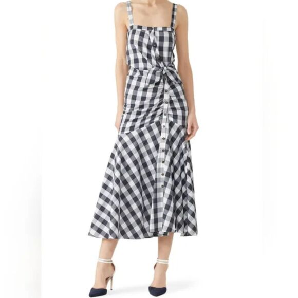 Likely Minka Gingham Midi Dress Asymmetric Buttons Ruched Navy Blue Check Size 0 - Picture 1 of 8
